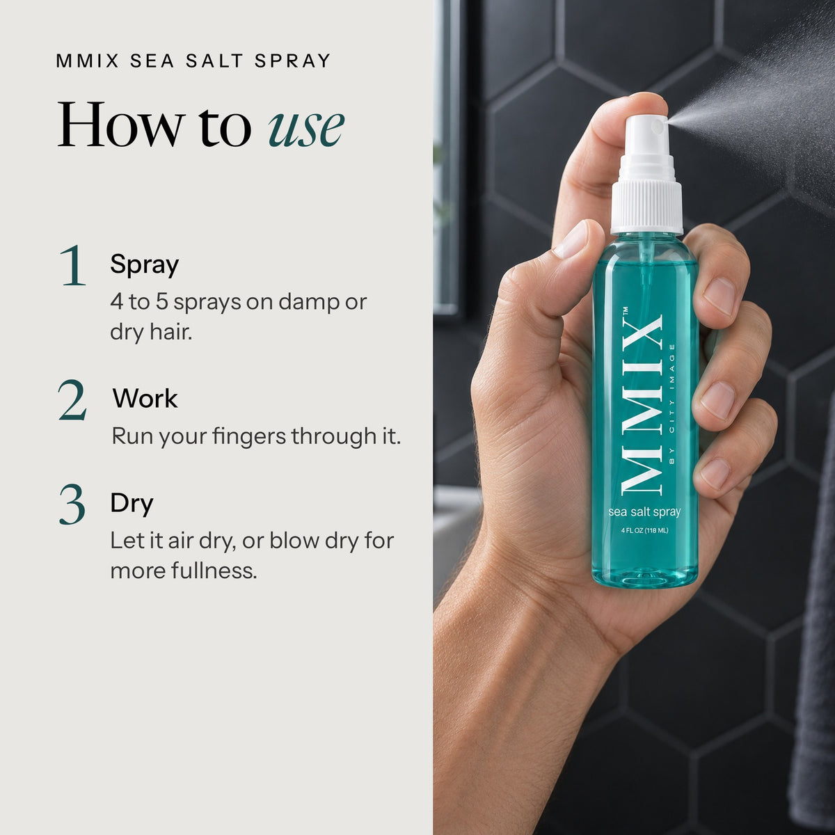 How to use MMIX Sea Salt Spray: spray, work, dry