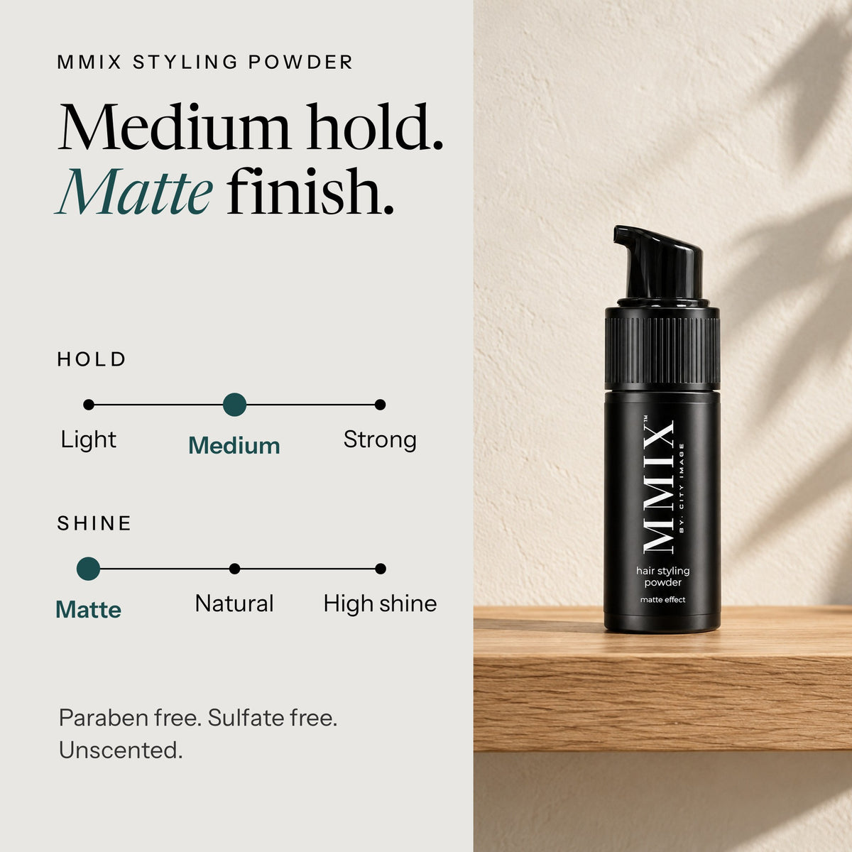 MMIX Styling Powder: medium hold, matte finish. Paraben free, sulfate free, unscented