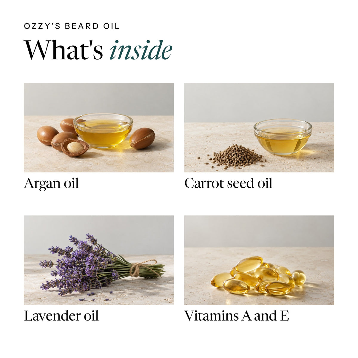 Ozzy's Beard Oil ingredients: argan oil, carrot seed oil, lavender oil, vitamins A and E